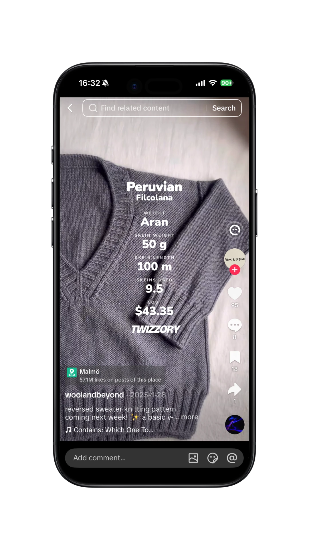 A Twizzory stats overlay placed on a sweater photo in a TikTok post