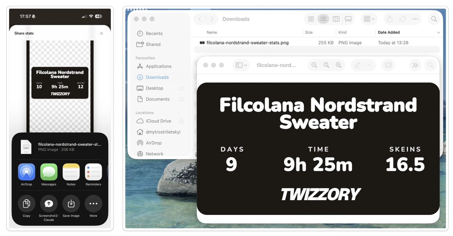 The native iOS share sheet next to the exported PNG saved to the Downloads folder, previewed in Finder