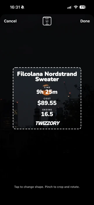 Instagram's crop screen for the chosen overlay, with Done in the top-right corner