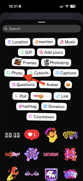Instagram sticker tray with the Photo option highlighted