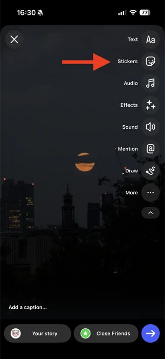Instagram Story editor with the Stickers icon highlighted in the right-hand toolbar