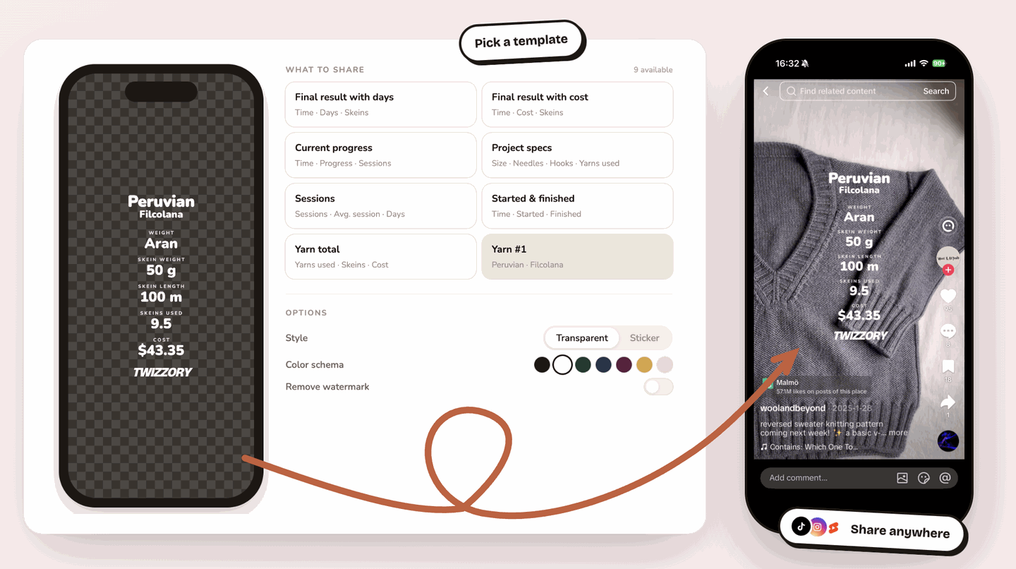 Picking a stat template in Twizzory, then sharing the exported image to Instagram