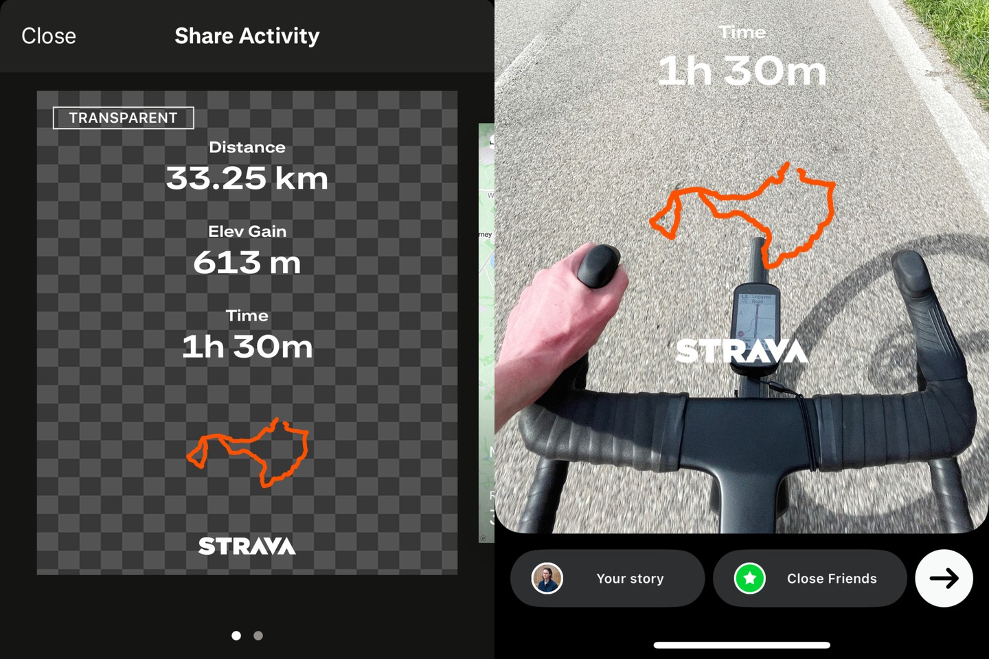 Strava's Share Activity screen with a transparent stats sticker, next to that sticker placed over a cycling photo in Instagram Stories