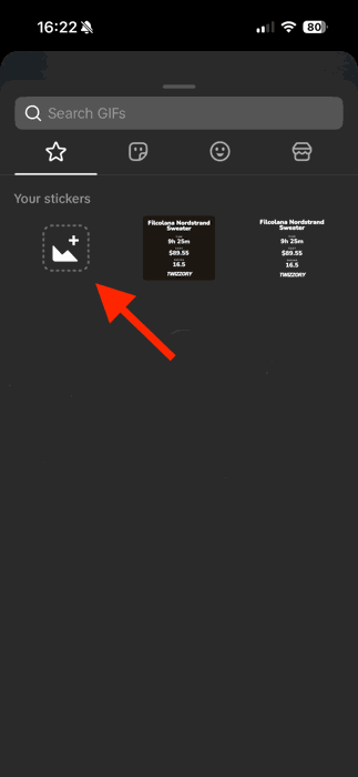 TikTok sticker picker showing the saved Twizzory overlay under Your stickers