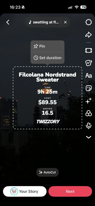 Long-press menu on the sticker showing Pin and Set duration options