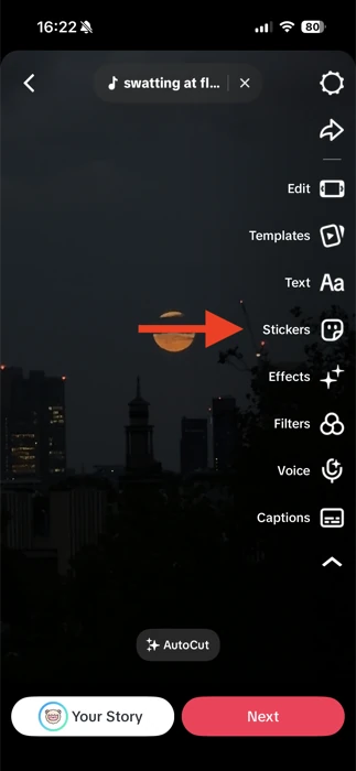 TikTok video editor with the Stickers icon highlighted in the right-hand toolbar