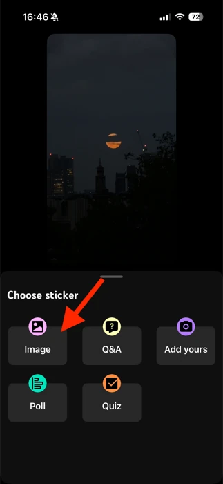 YouTube Shorts Choose sticker panel with the Image option highlighted