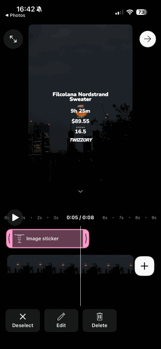 The image sticker's clip in the timeline, with handles to trim how long it's shown