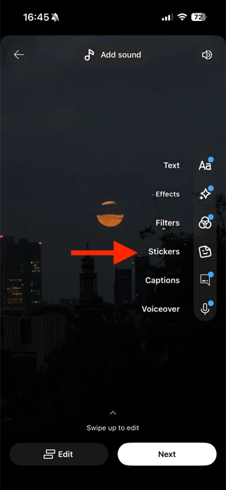 YouTube Shorts editor with the Stickers icon highlighted in the right-hand toolbar