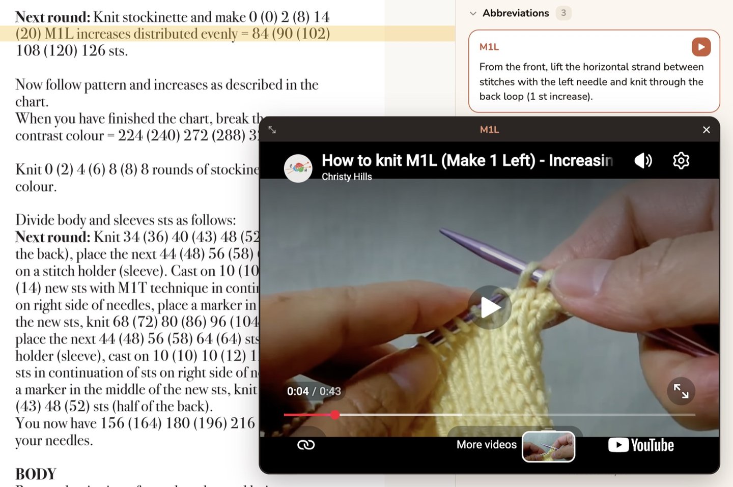 Twizzory pattern reader showing an abbreviation's description with an embedded YouTube video
