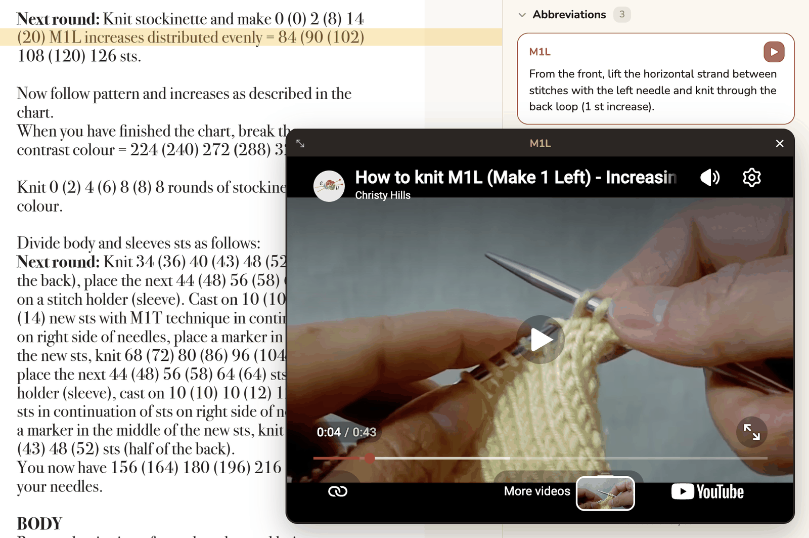 Twizzory's pattern reader showing a detected abbreviation with its description and an embedded video